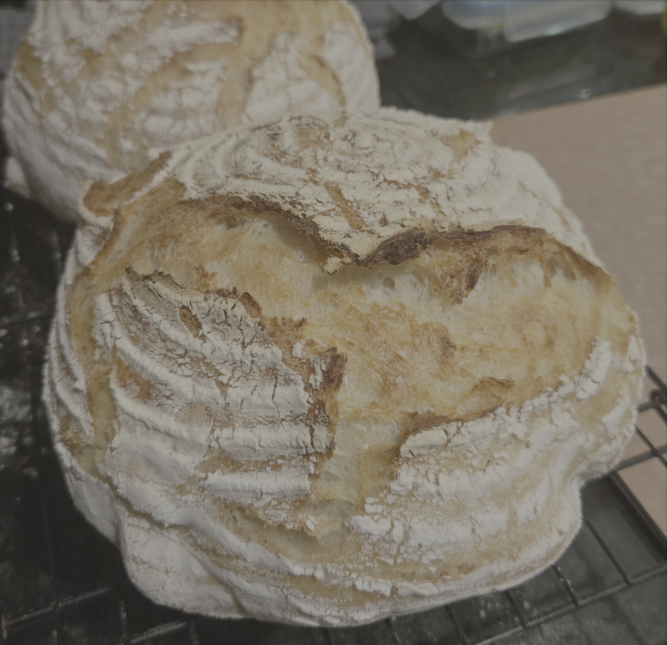 Two crusty loaves of white bread on a cooling rack.