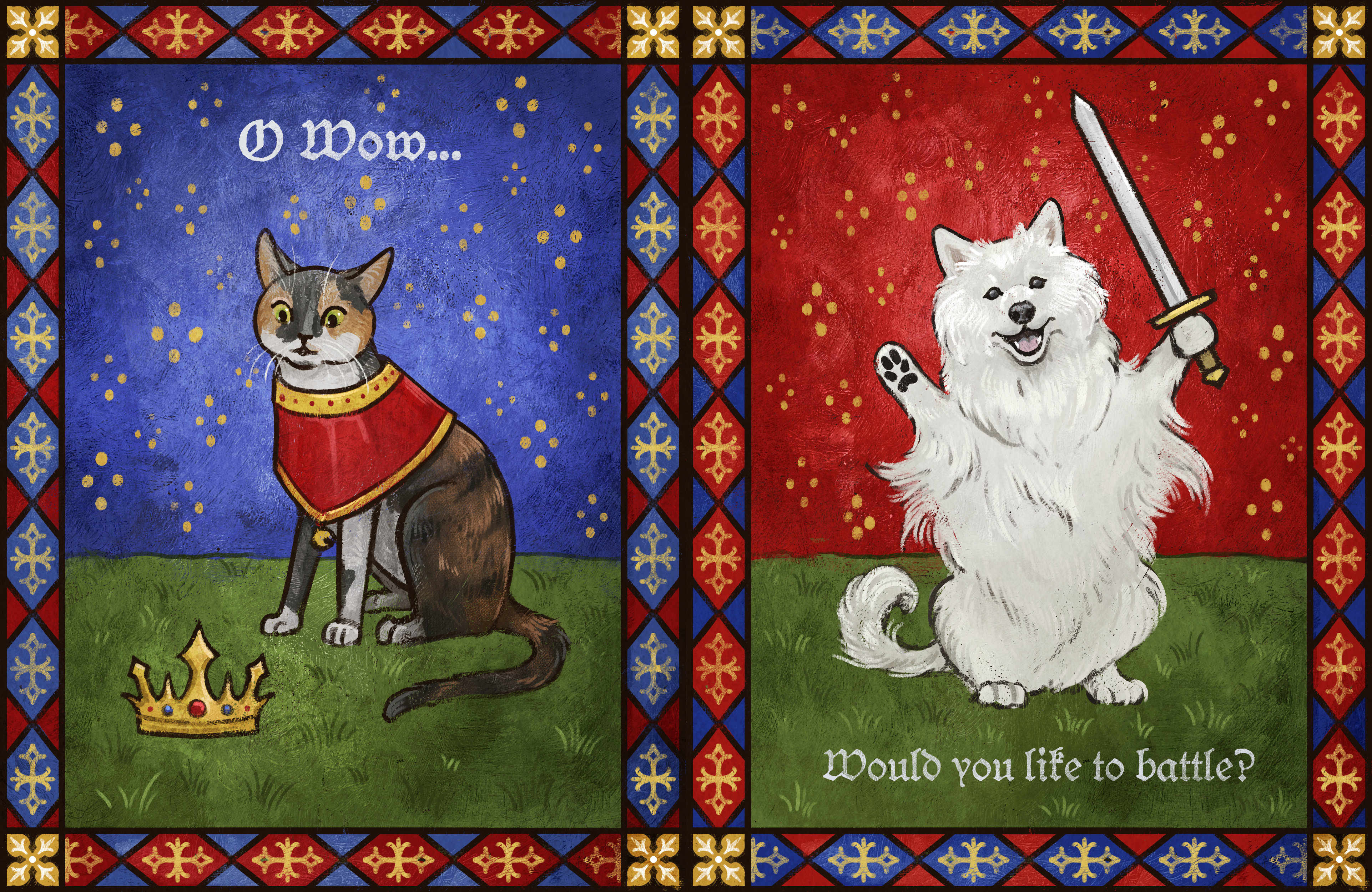 Two pieces of art, one of Shishky and one of Pizzelle, drawn in a medieval cartoonish style. The art is trimmed like an illuminated manuscript, full of filigree and fine details. Shishky is looking at a crown on the ground saying Oh Wow while Pizza is standing on her hind legs, smiling, while asking Would you like to battle?