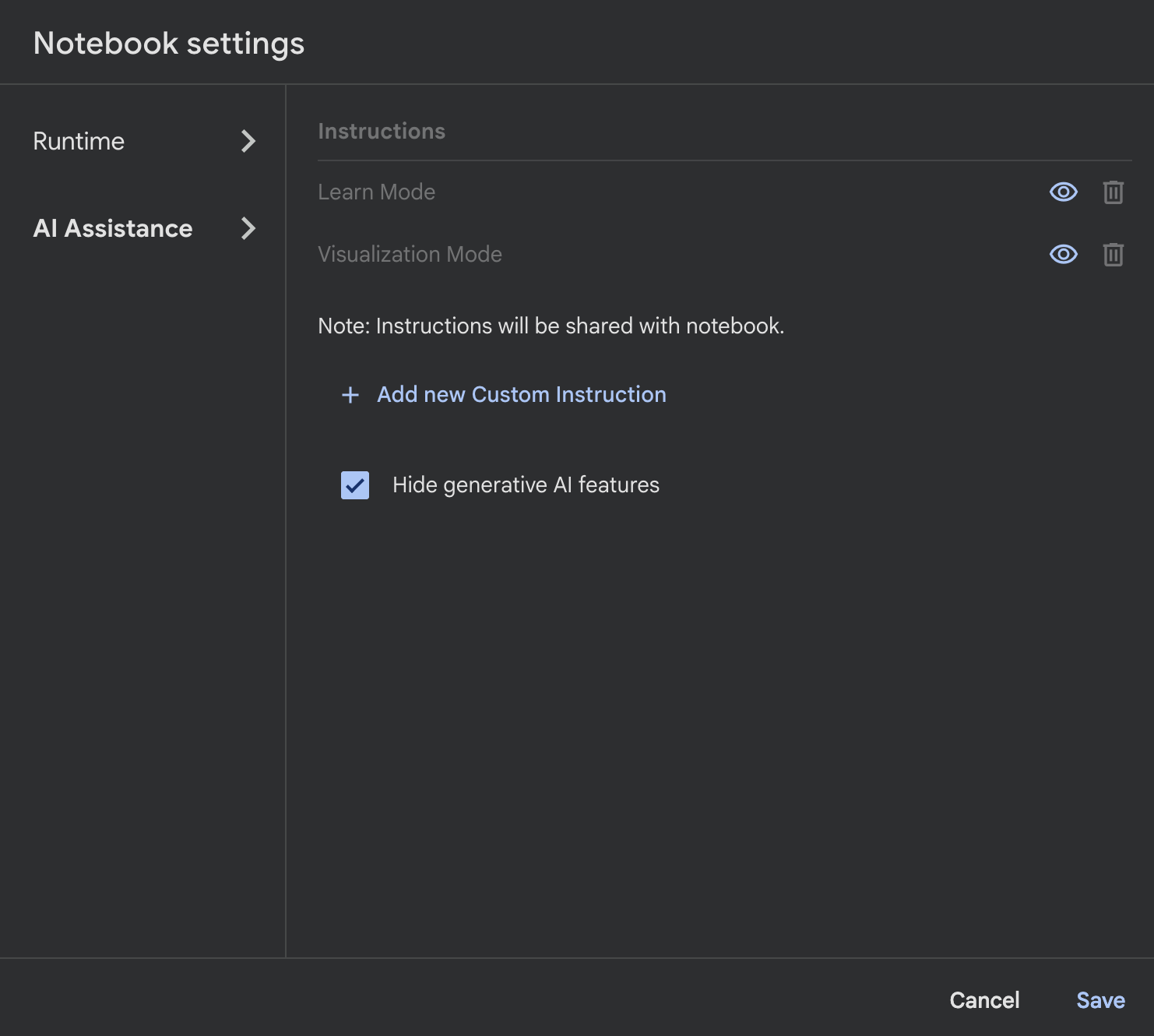 Notebook settings. Runtime (tab, unselected). AI Assistance (tab, selected). Hide Generative AI Features (checkbox, checked).