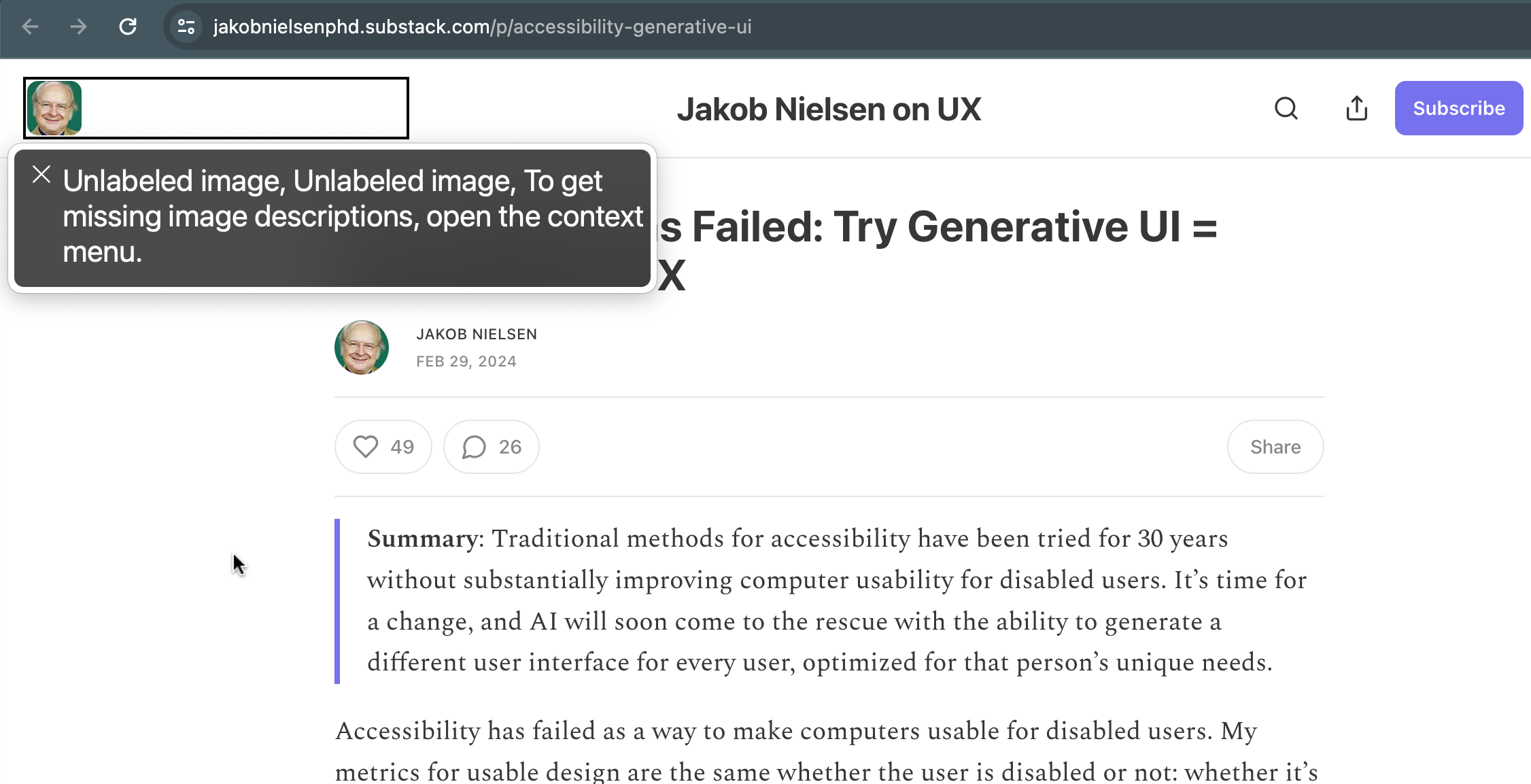 Screenshot of Jakob Nielsen's article. VoiceOver screen reader is on a navbar icon of Jakob's face and the screen reader is announcing Unlabeled Image, Unlabeled Image.