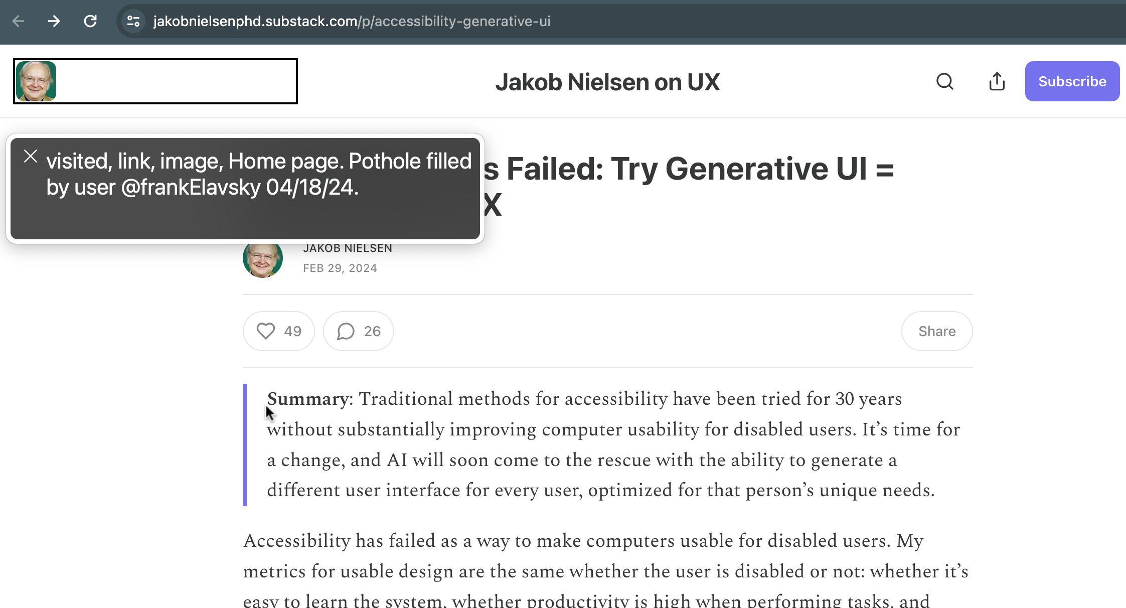 Screenshot of Jakob Nielsen's article. VoiceOver screen reader is on a navbar icon of Jakob's face and the screen reader is announcing visited, link, image, Home page. Pothole filled by user @frankElavsky 04/18/24.