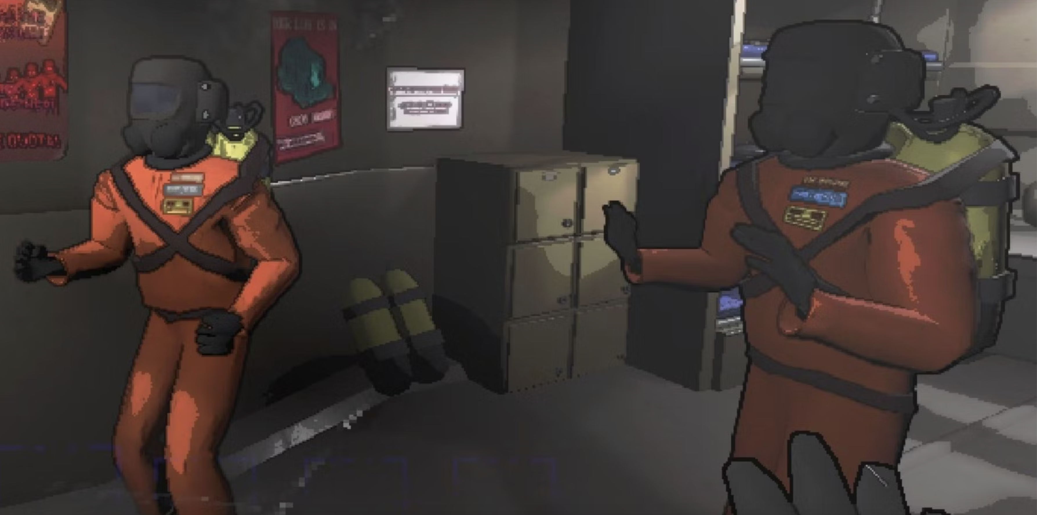 Two players in Lethal Company, dancing. They are wearing their company-issued hazmat suits. Their dancing looks awkward and dorky, which is likely an intentional design choice by the game developers.