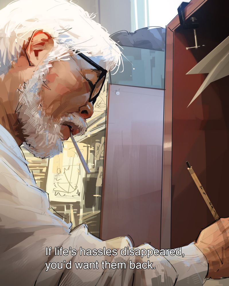 illustration of Miyazaki drawing with cigarettes in his mouth in profile side with the caption "If life's hassles disappeared, you'd want them back."