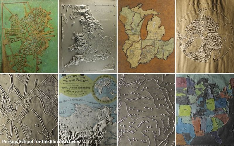 Tactile maps from left to right feature the streets of Boston, Great Britain and Wales, Lake Michigan and Surrounding States, the Arctic, the streets of Vienna, examples of physical features, the British Isles, and The United States.