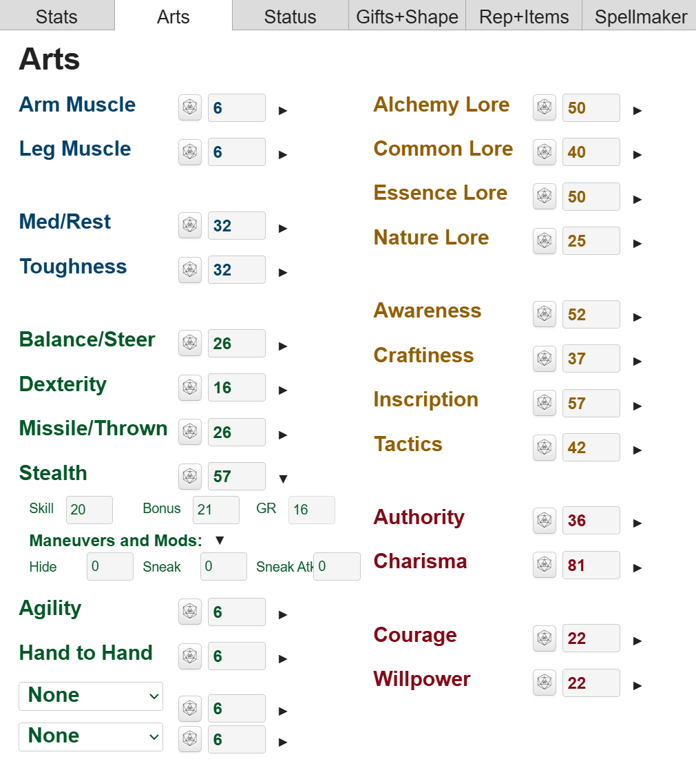 Screenshot of Braven's interactive character sheet, opened.