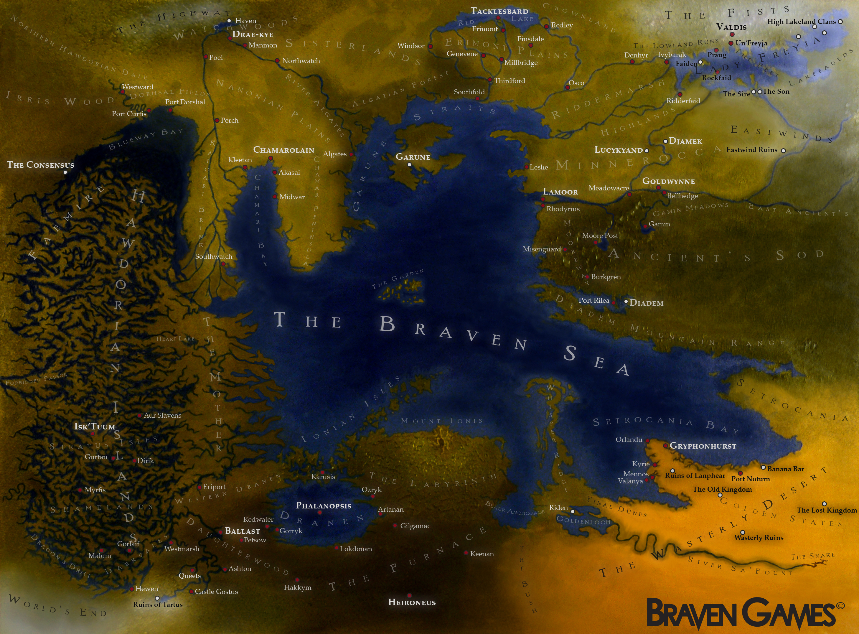 A map of a fantasy world, painted with digital labels placed over the image for cities and landmarks. It is surrounded with green and has a large ocean in the middle titled the Braven Sea.