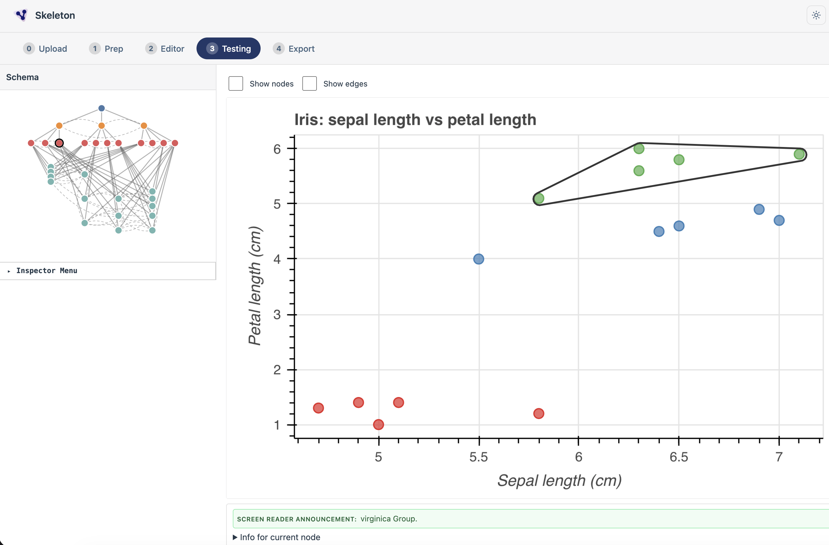 An interface screenshot showing a scatterplot with a group outlined in a circular stroke shape. In the corresponding inspector view, a circle outline is shown over a node in a tree view of nodes and edges. At the bottom of the screen, a text box reads out Screen reader announcement: virginica group.