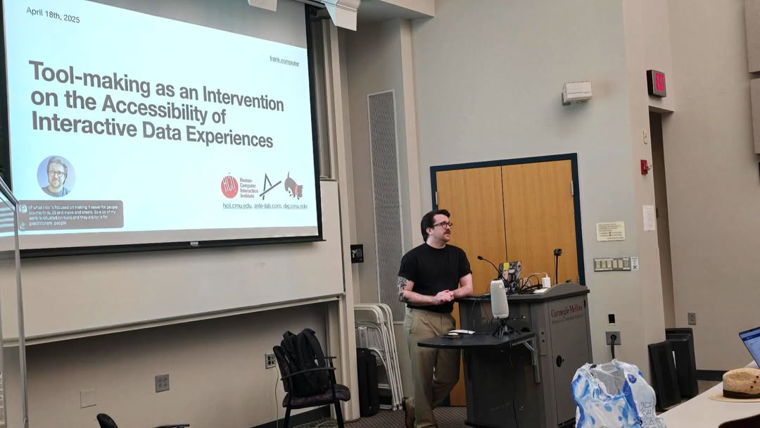 I am standing in the front of the room, leaning on the podium.